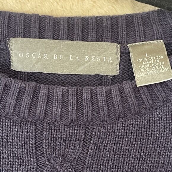 Oscar De‎ La Renta Sweater Men's Size Large Cable Knit Pullover Navy Ribbed - Picture 3 of 7